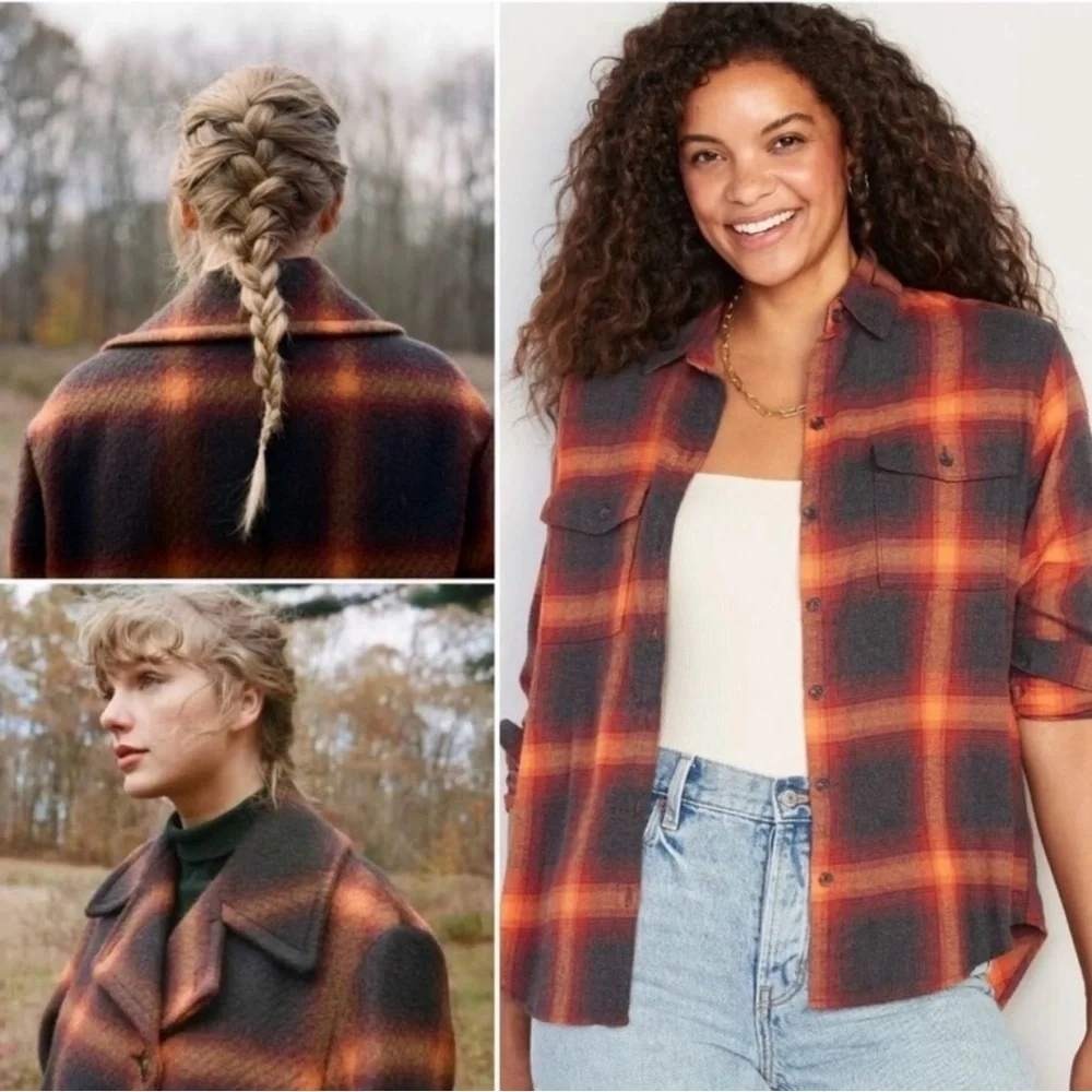 Old Navy Evermore Swifty XXL Orange Black Plaid Flannel Boyfriend Tunic Shirt